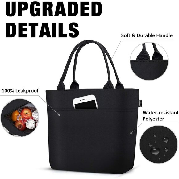 Insulated Lunch Bag for Women, Leakproof Thermal Cooler Tote, 10L Black - Picture 5 of 7